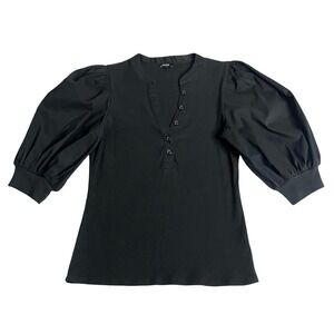 Express Popover Henley Top Womens‎ M Black Puff Sleeve Mixed Media Ribbed Knit